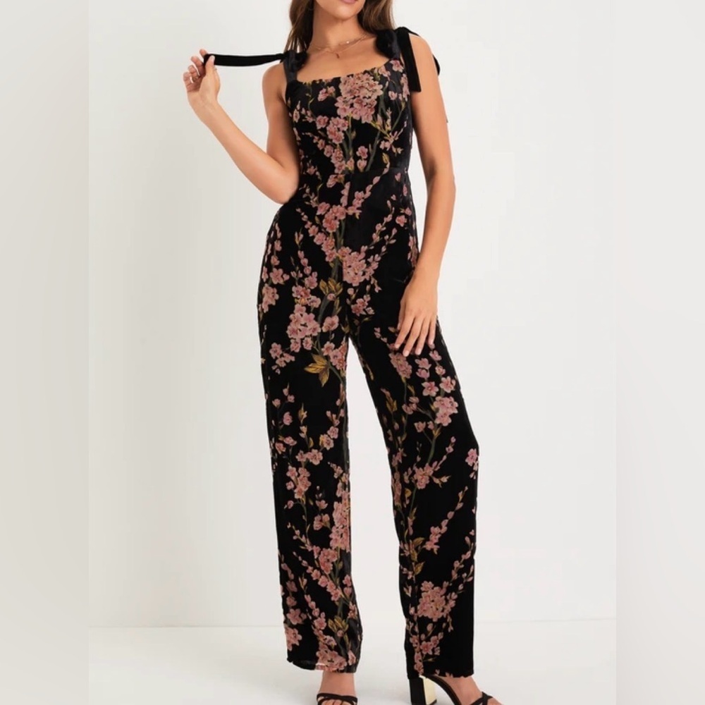 Lulu's  Aesthetic Black Floral Burnout Tie-Strap  Jumpsuit
